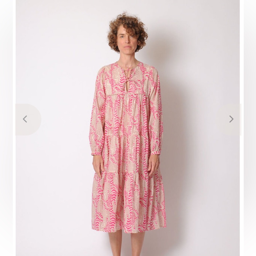 🌺✨ Matta NY Tiered Block Print Cotton Gauze Dress Small Raspberry Pink / Cream